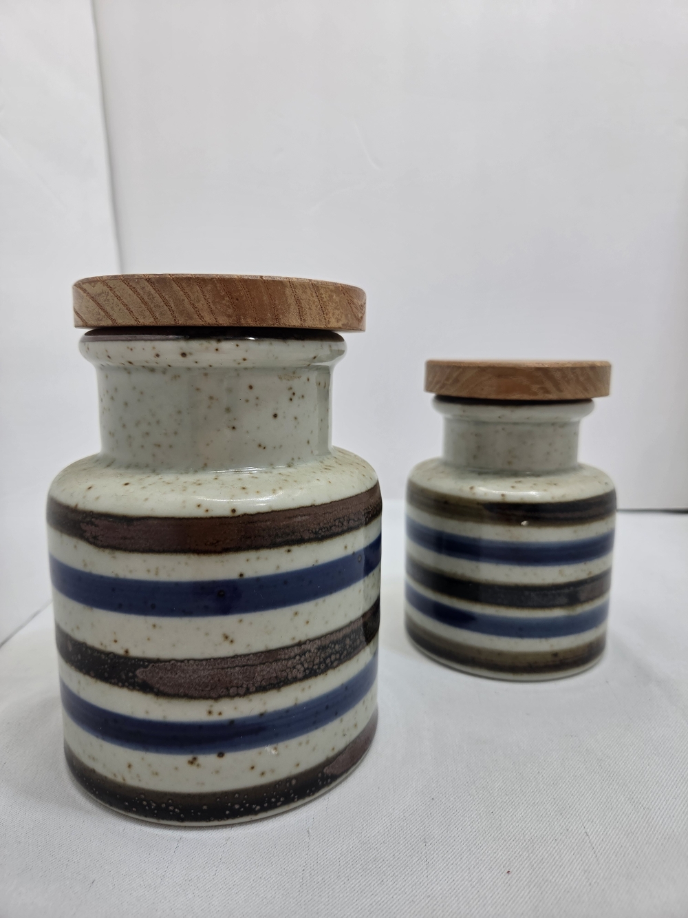 Vintage Japanese Stoneware Canisters Set of 2 Speckled Blue Striped Wood Lids 🌿